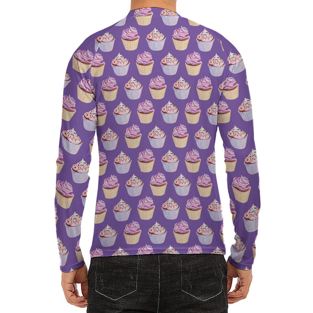 Purple Cupcake Pattern Print Men's Long Sleeve Rash Guard