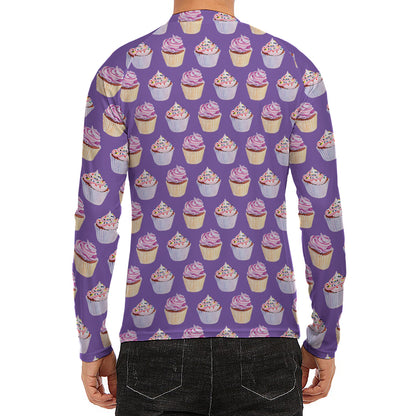 Purple Cupcake Pattern Print Men's Long Sleeve Rash Guard