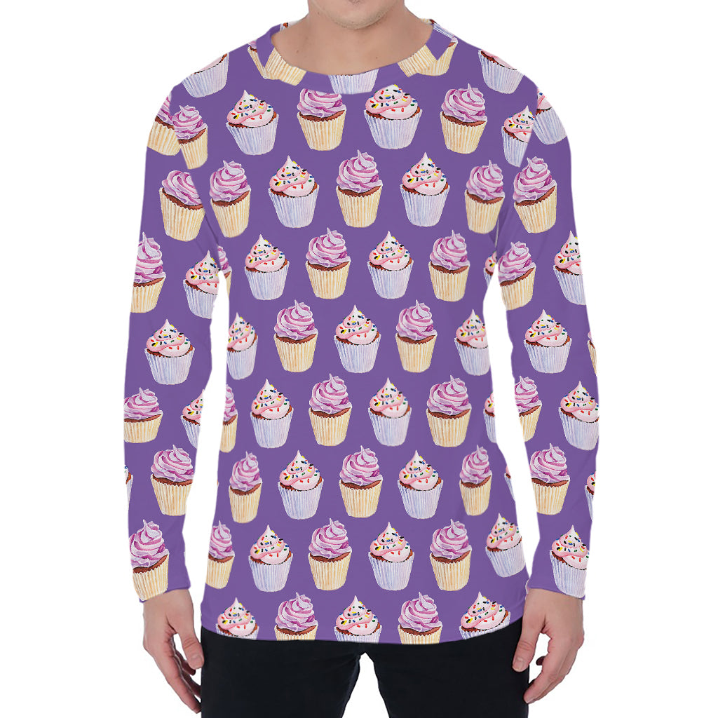 Purple Cupcake Pattern Print Men's Long Sleeve T-Shirt