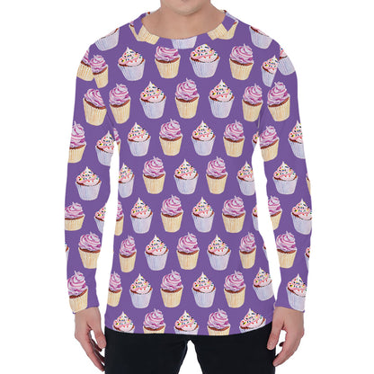 Purple Cupcake Pattern Print Men's Long Sleeve T-Shirt