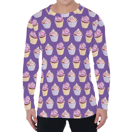 Purple Cupcake Pattern Print Men's Long Sleeve T-Shirt