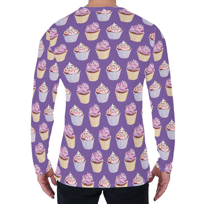 Purple Cupcake Pattern Print Men's Long Sleeve T-Shirt