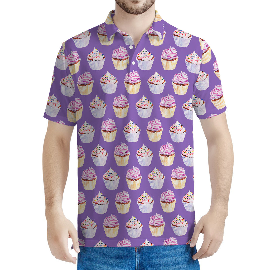 Purple Cupcake Pattern Print Men's Polo Shirt
