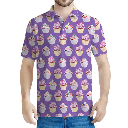 Purple Cupcake Pattern Print Men's Polo Shirt