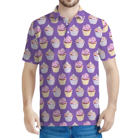 Purple Cupcake Pattern Print Men's Polo Shirt