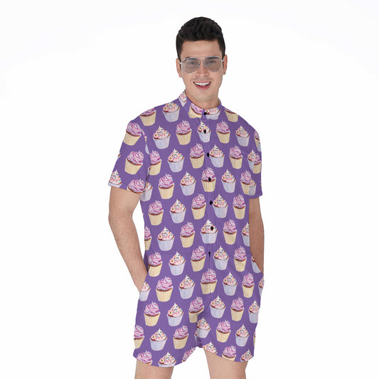 Purple Cupcake Pattern Print Men's Rompers