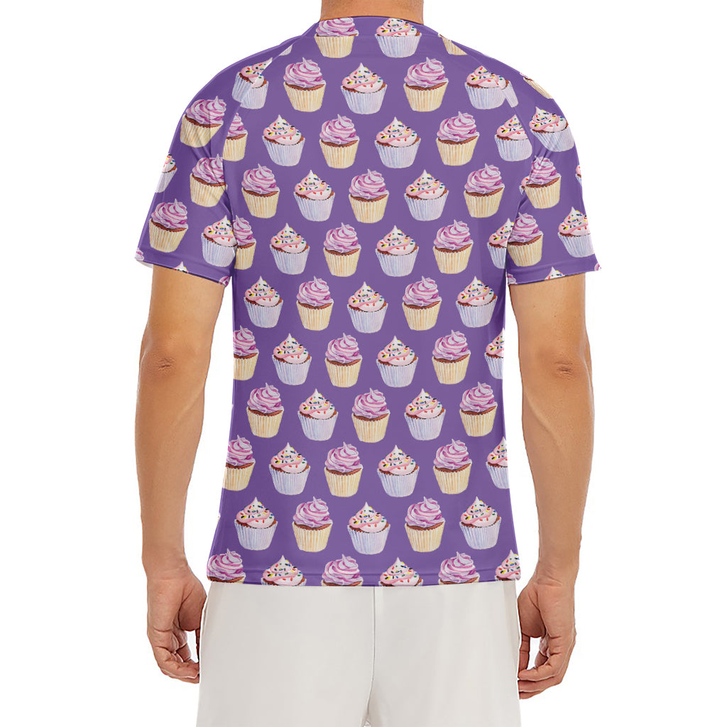 Purple Cupcake Pattern Print Men's Short Sleeve Rash Guard