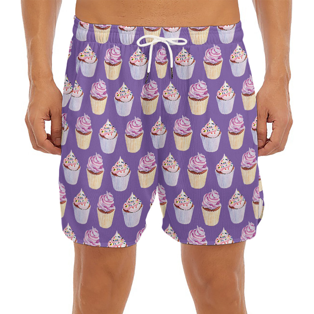 Purple Cupcake Pattern Print Men's Split Running Shorts