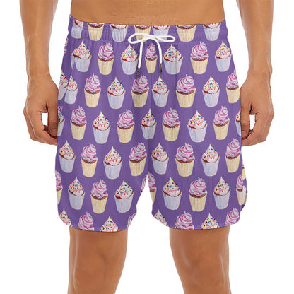 Purple Cupcake Pattern Print Men's Split Running Shorts