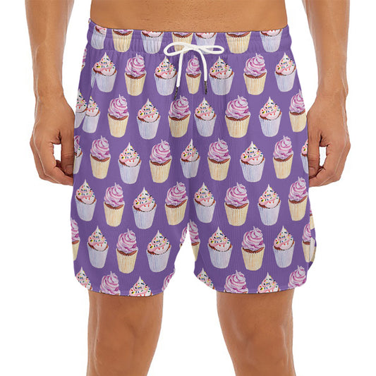 Purple Cupcake Pattern Print Men's Split Running Shorts