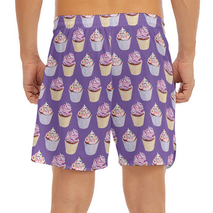 Purple Cupcake Pattern Print Men's Split Running Shorts