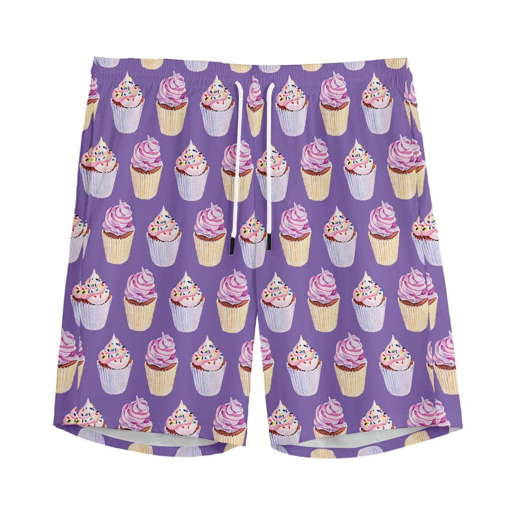 Purple Cupcake Pattern Print Men's Sports Shorts