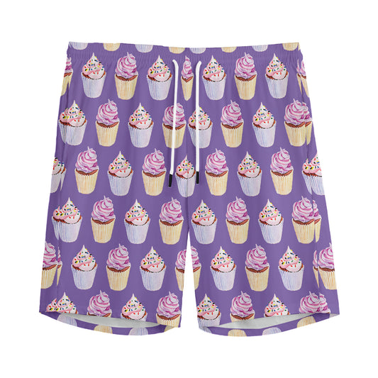 Purple Cupcake Pattern Print Men's Sports Shorts