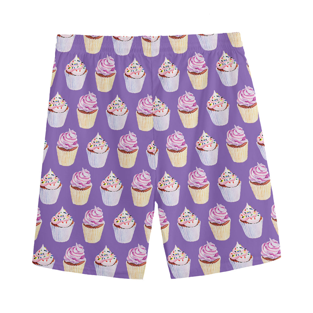 Purple Cupcake Pattern Print Men's Sports Shorts