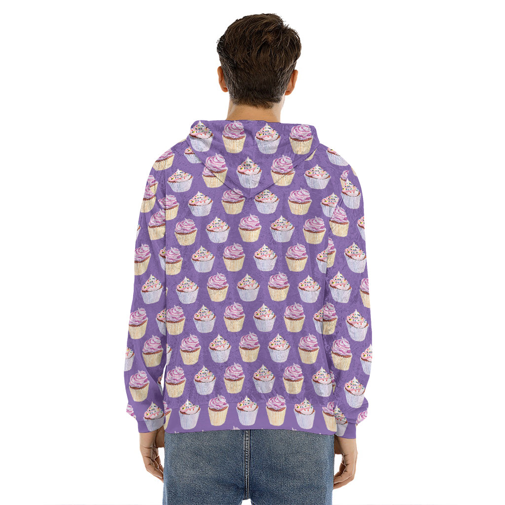 Purple Cupcake Pattern Print Men's Velvet Pullover Hoodie