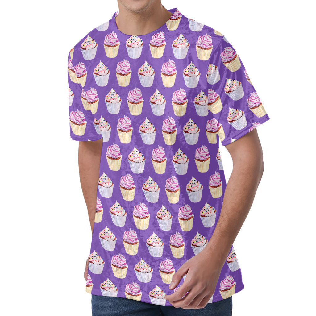 Purple Cupcake Pattern Print Men's Velvet T-Shirt