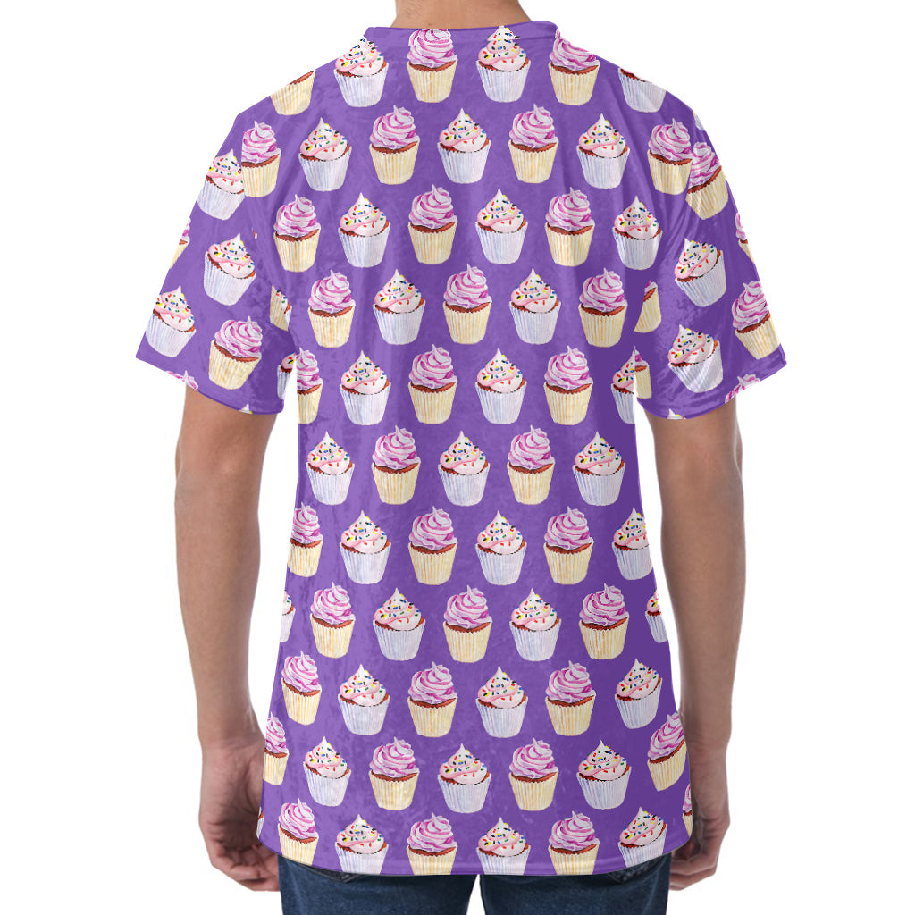 Purple Cupcake Pattern Print Men's Velvet T-Shirt