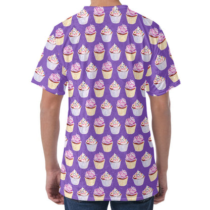Purple Cupcake Pattern Print Men's Velvet T-Shirt