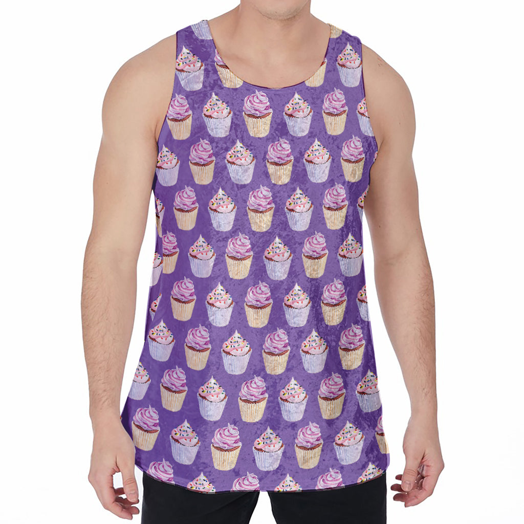 Purple Cupcake Pattern Print Men's Velvet Tank Top