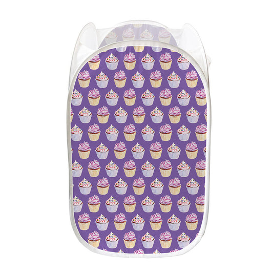 Purple Cupcake Pattern Print Mesh Laundry Hamper