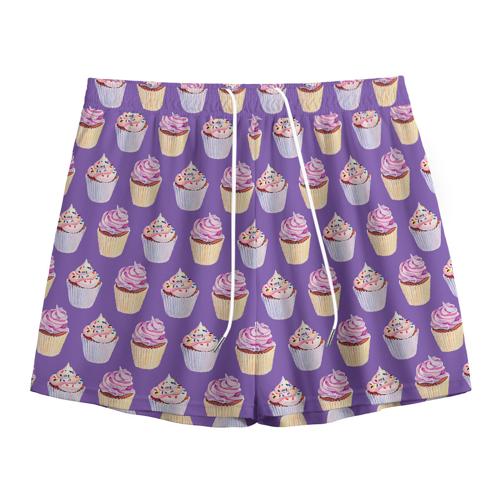 Purple Cupcake Pattern Print Mesh Shorts