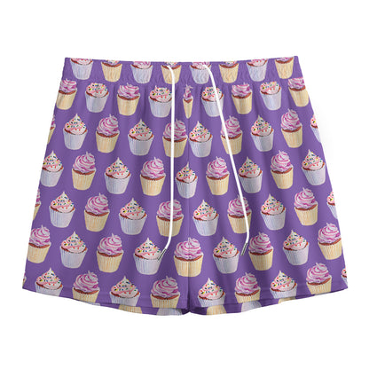 Purple Cupcake Pattern Print Mesh Shorts