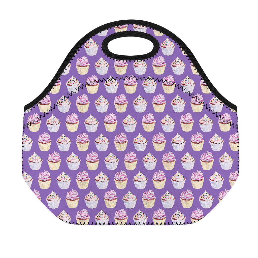 Purple Cupcake Pattern Print Neoprene Lunch Bag