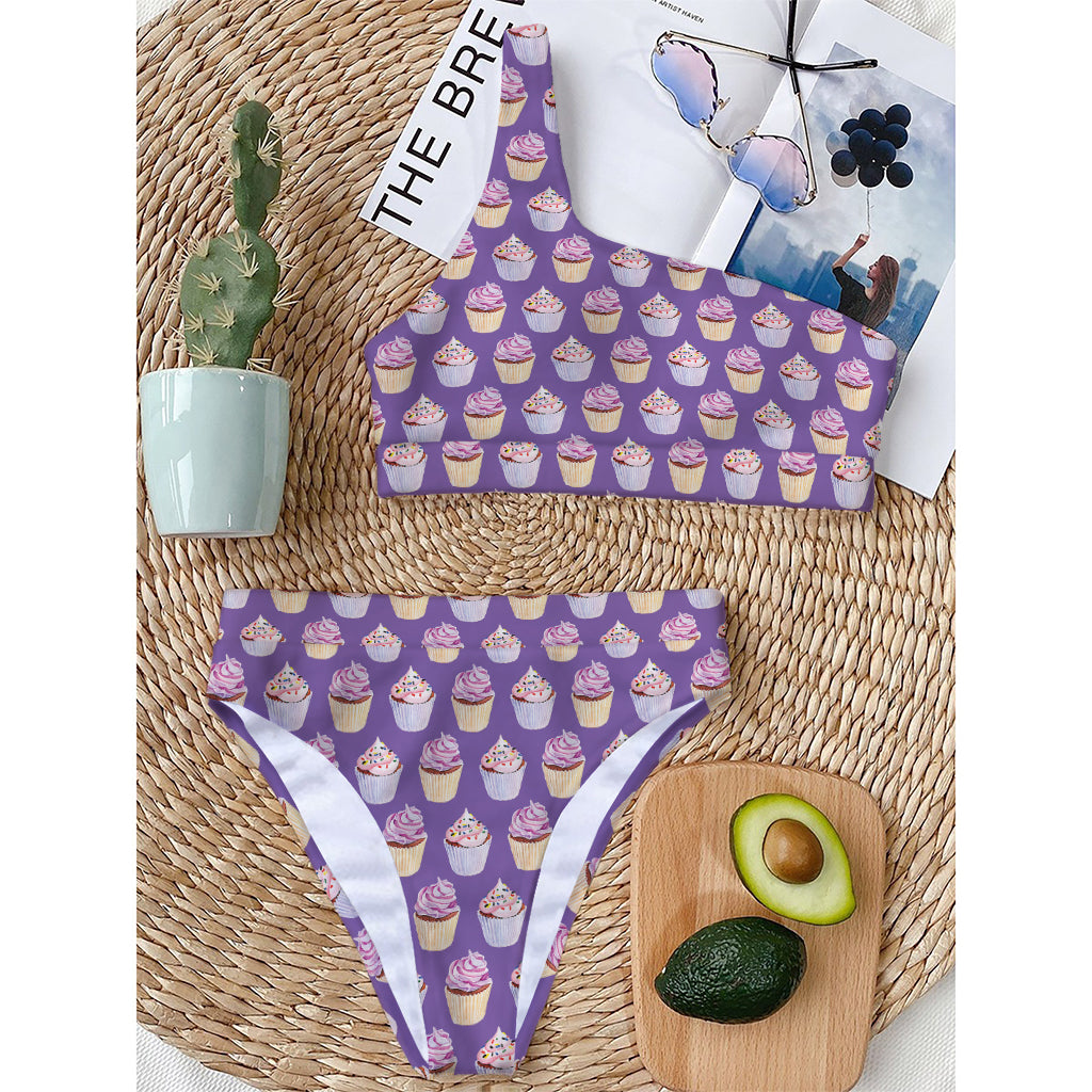 Purple Cupcake Pattern Print One Shoulder Bikini Top