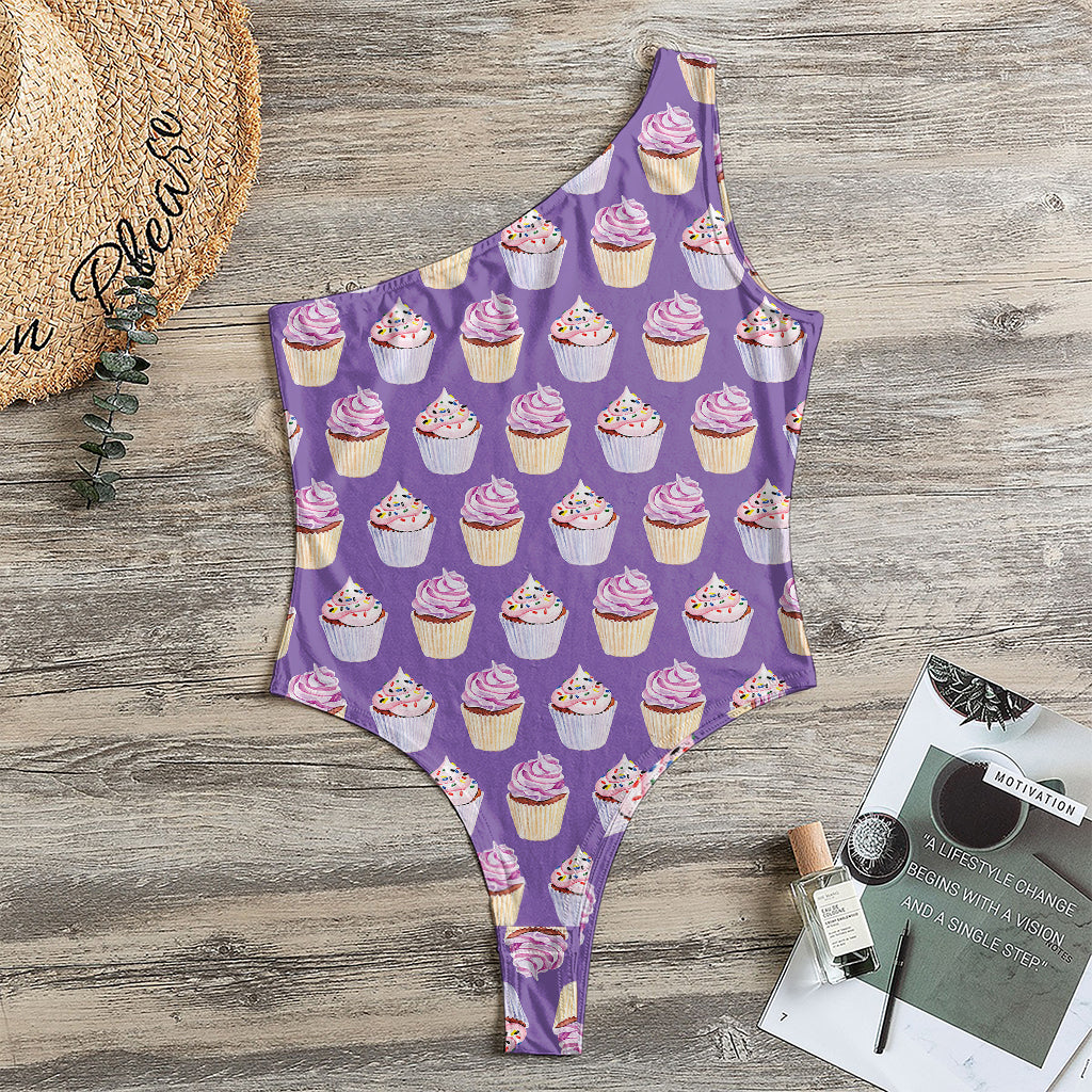 Purple Cupcake Pattern Print One Shoulder Bodysuit