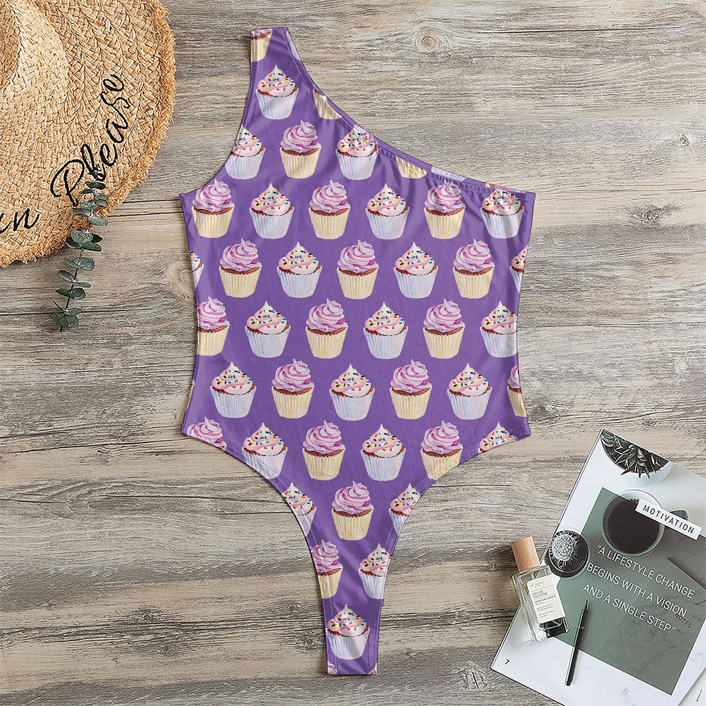 Purple Cupcake Pattern Print One Shoulder Bodysuit