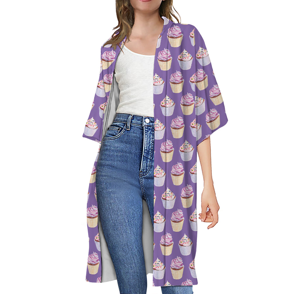 Purple Cupcake Pattern Print Open Front Beach Cover Up