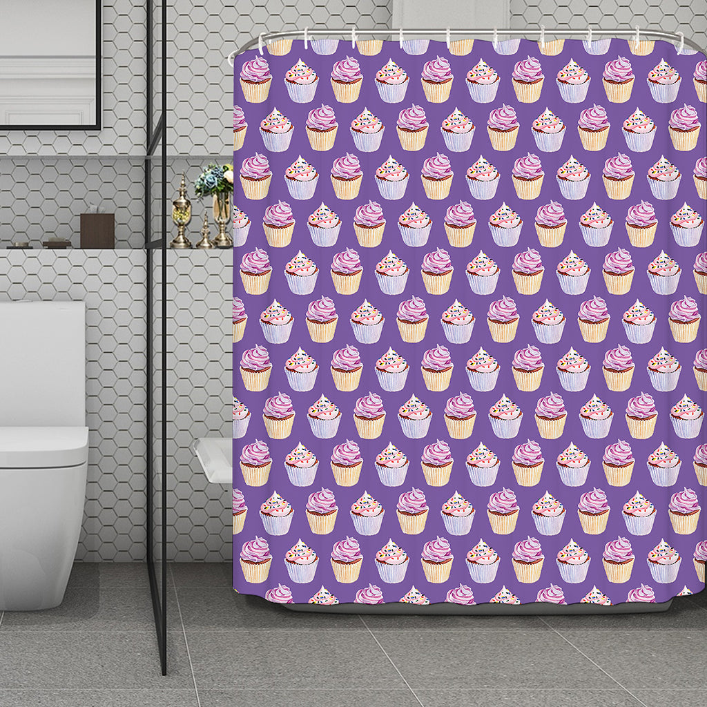 Purple Cupcake Pattern Print Polyester Shower Curtain
