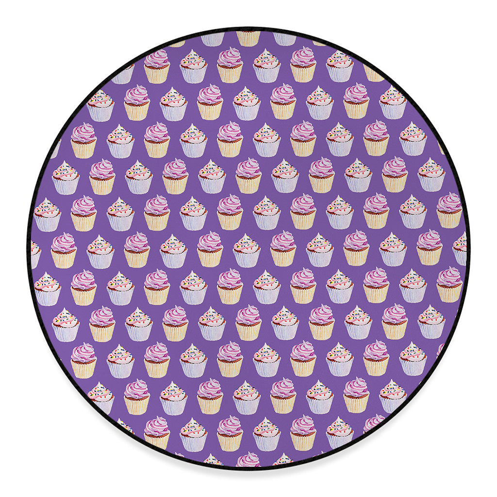 Purple Cupcake Pattern Print Round Floor Mat