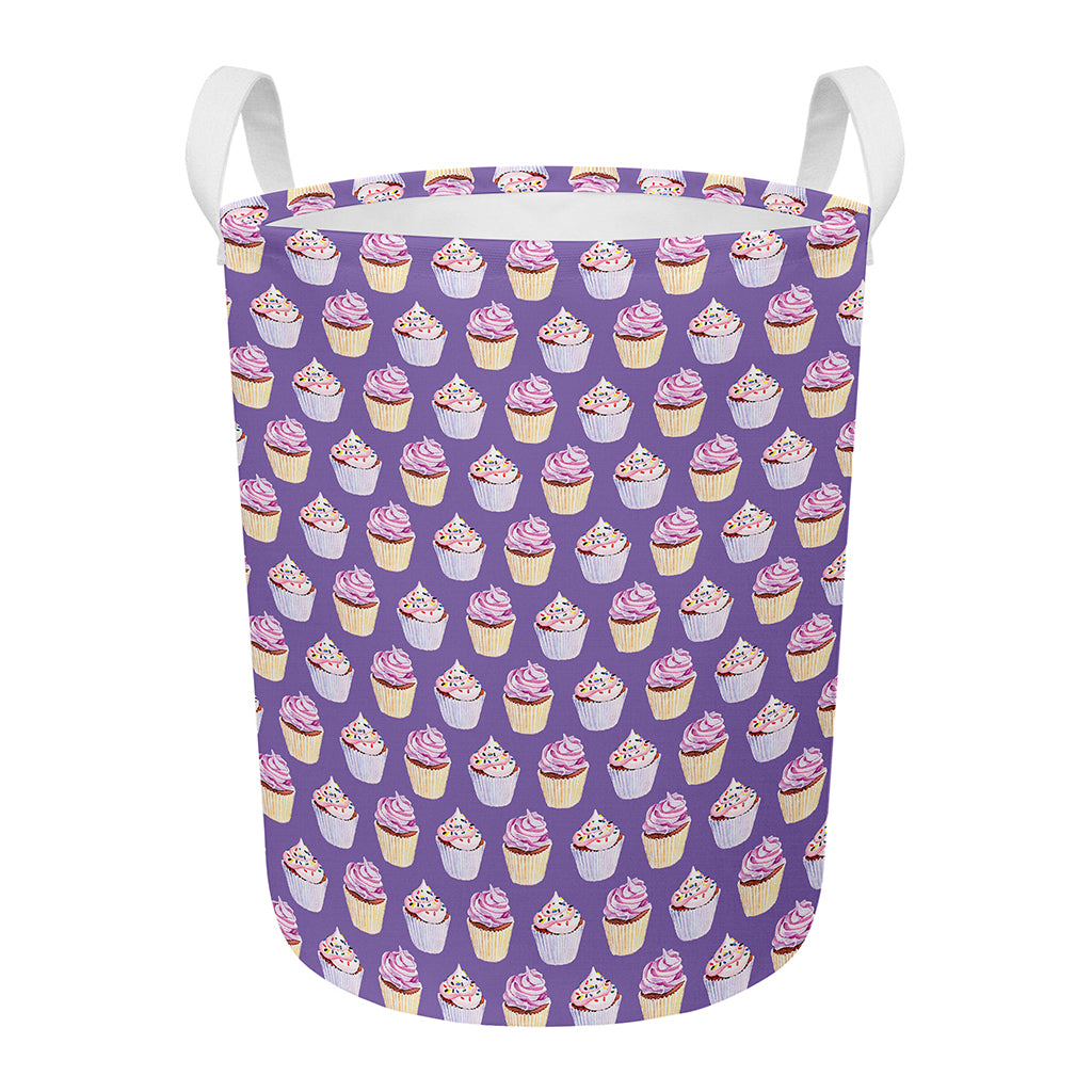 Purple Cupcake Pattern Print Round Laundry Basket