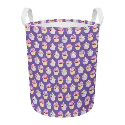 Purple Cupcake Pattern Print Round Laundry Basket