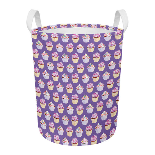Purple Cupcake Pattern Print Round Laundry Basket