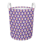 Purple Cupcake Pattern Print Round Laundry Basket