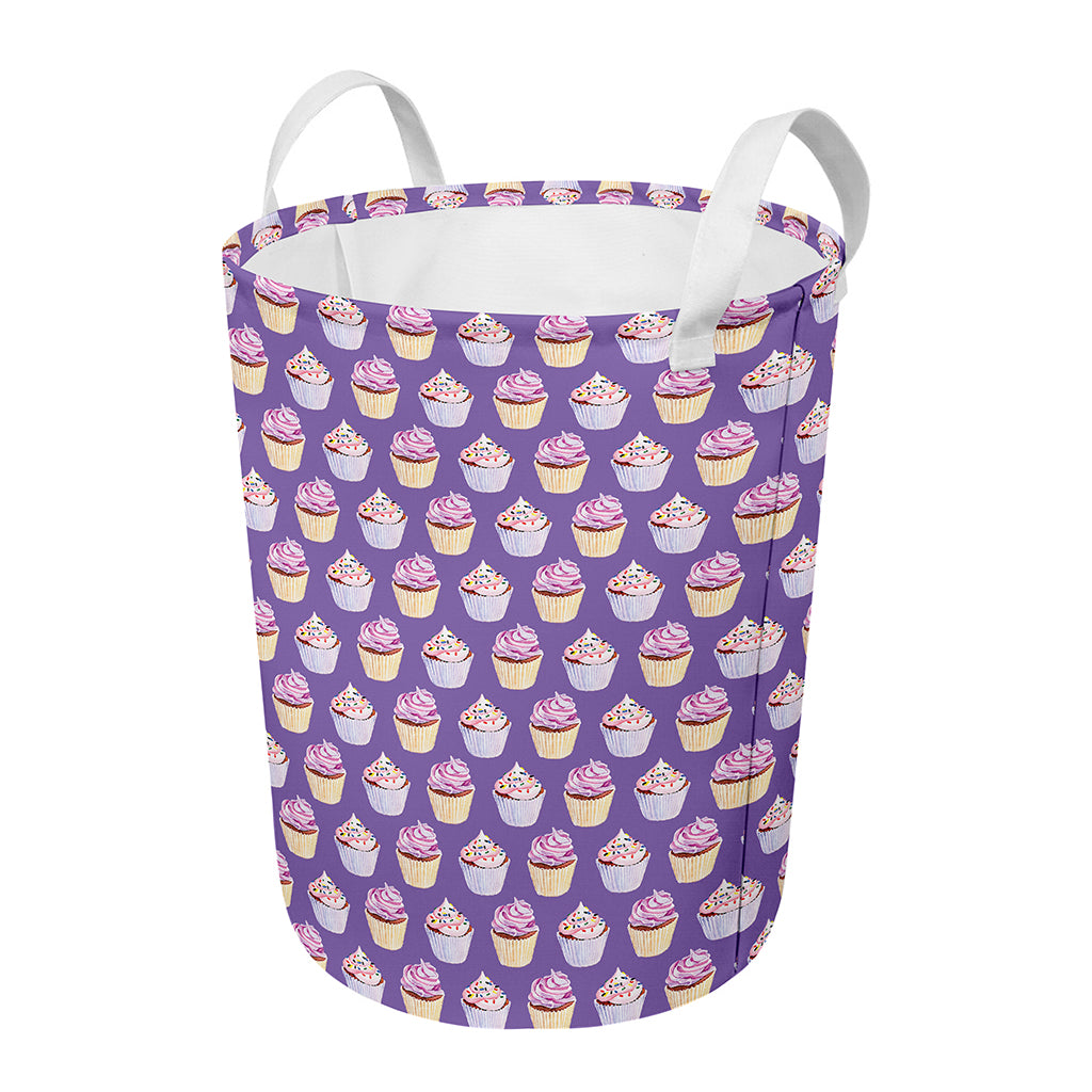 Purple Cupcake Pattern Print Round Laundry Basket