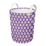Purple Cupcake Pattern Print Round Laundry Basket