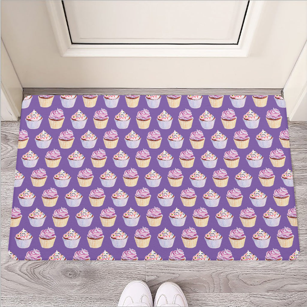 Purple Cupcake Pattern Print Rubber Doormat