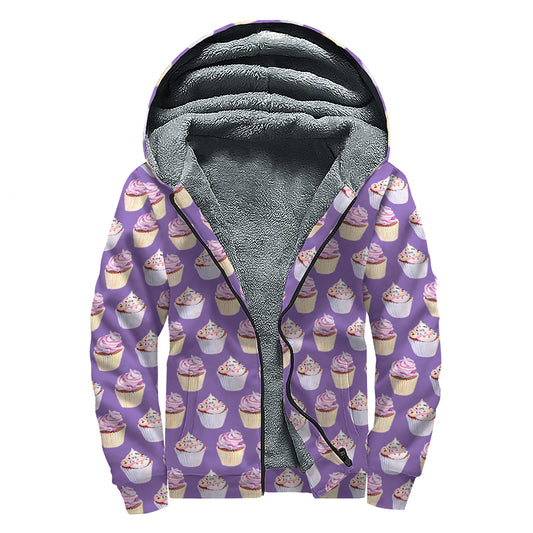 Purple Cupcake Pattern Print Sherpa Lined Zip Up Hoodie