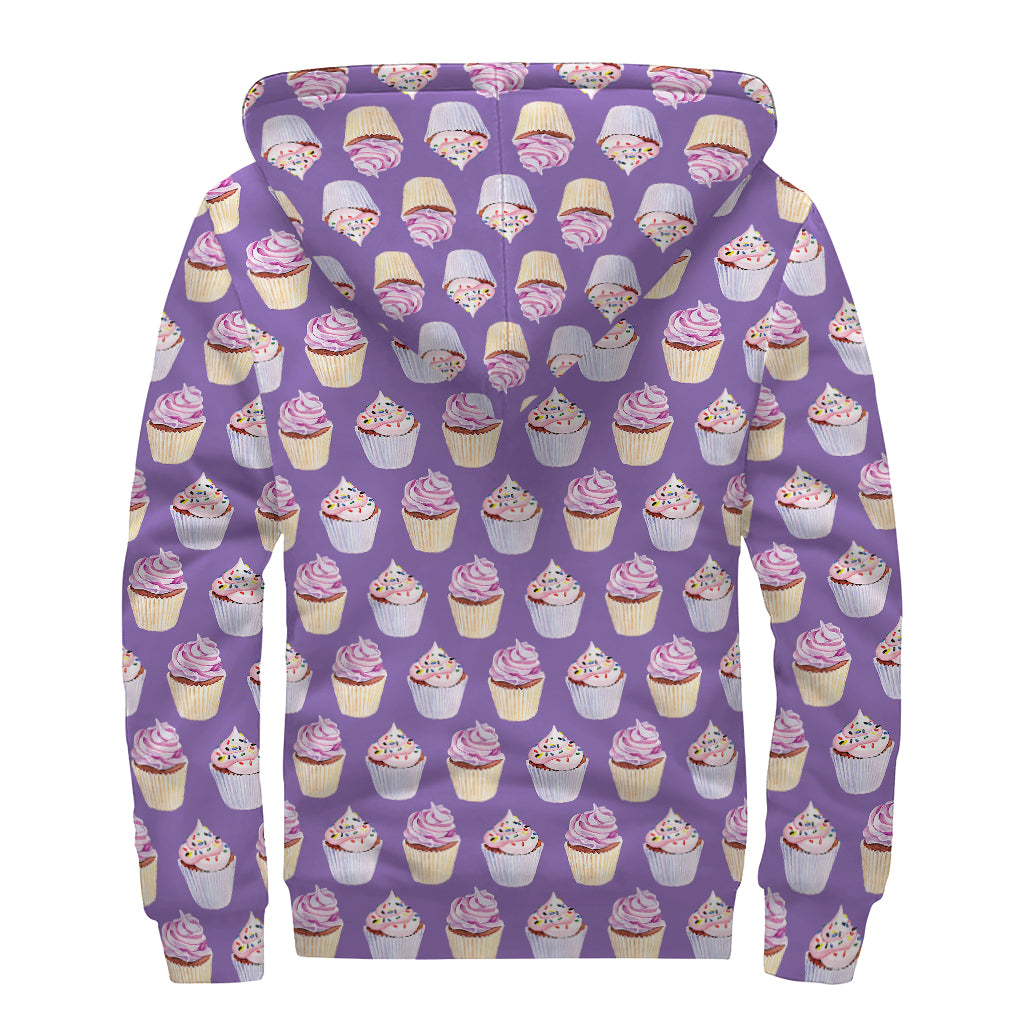 Purple Cupcake Pattern Print Sherpa Lined Zip Up Hoodie