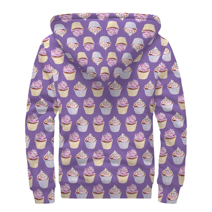 Purple Cupcake Pattern Print Sherpa Lined Zip Up Hoodie