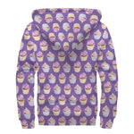 Purple Cupcake Pattern Print Sherpa Lined Zip Up Hoodie