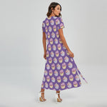 Purple Cupcake Pattern Print Short Sleeve Maxi Dress