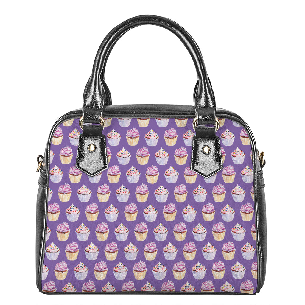 Purple Cupcake Pattern Print Shoulder Handbag