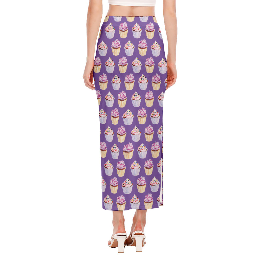 Purple Cupcake Pattern Print Side Slit Maxi Skirt