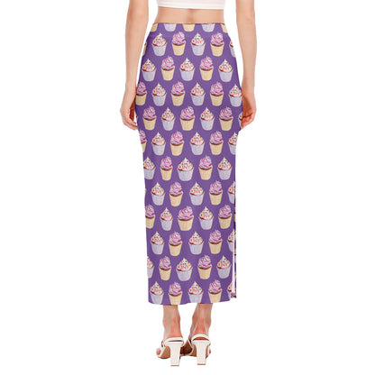 Purple Cupcake Pattern Print Side Slit Maxi Skirt