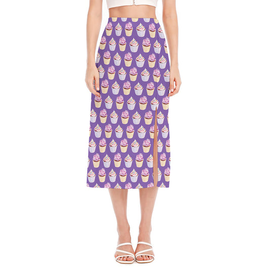 Purple Cupcake Pattern Print Side Slit Midi Skirt