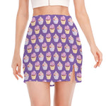 Purple Cupcake Pattern Print Side Slit Mini Skirt